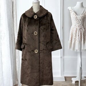 60s Vintage Sportowne Faux Fur Brown Long A Line Coat‎ Size Medium